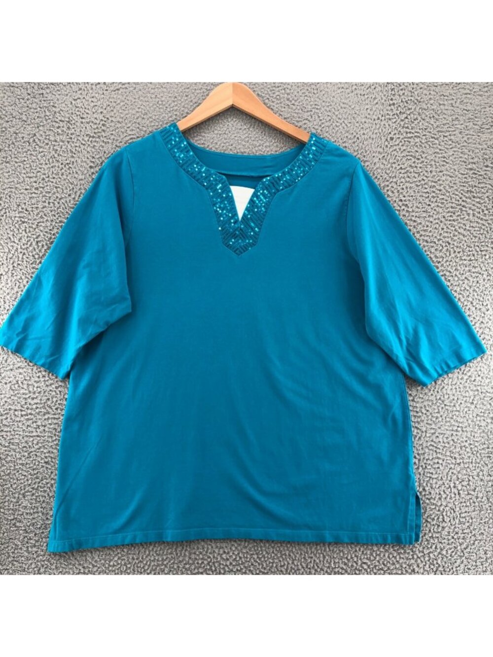 Catherines Shirt Womens 18 20W Plus Blue Liz & Me Knit Sequin 3/4 Sleeve Layered